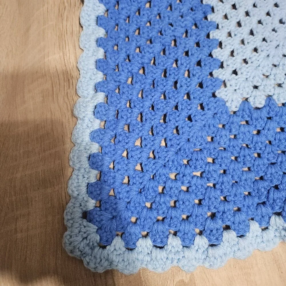 Handknit Handmade Blue Throw Blanket 42x43 Crochet Afghan